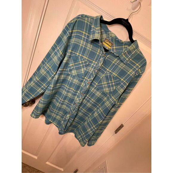 Cabela’s women’s 2XL flannel button up teal yellow - Picture 1 of 7